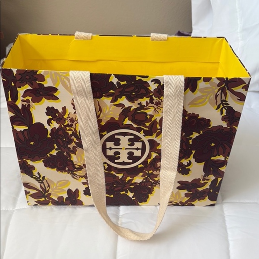 Tory Burch Brown and Yellow Floral Tote Bag heavy duty paper - Picture 4 of 4